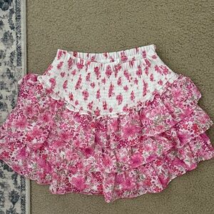 Altar'd State Pink Floral Tiered Ruffle Skirt with Smocked Waist